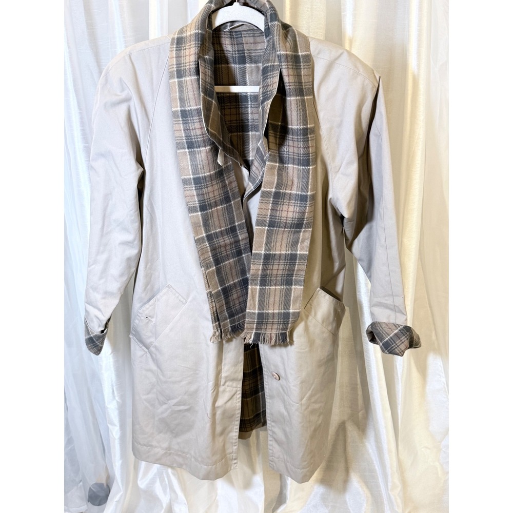 St Michael Trench Coat Womens 12 Tan Excellent Plaid Lined Scarf Marks & Spencer